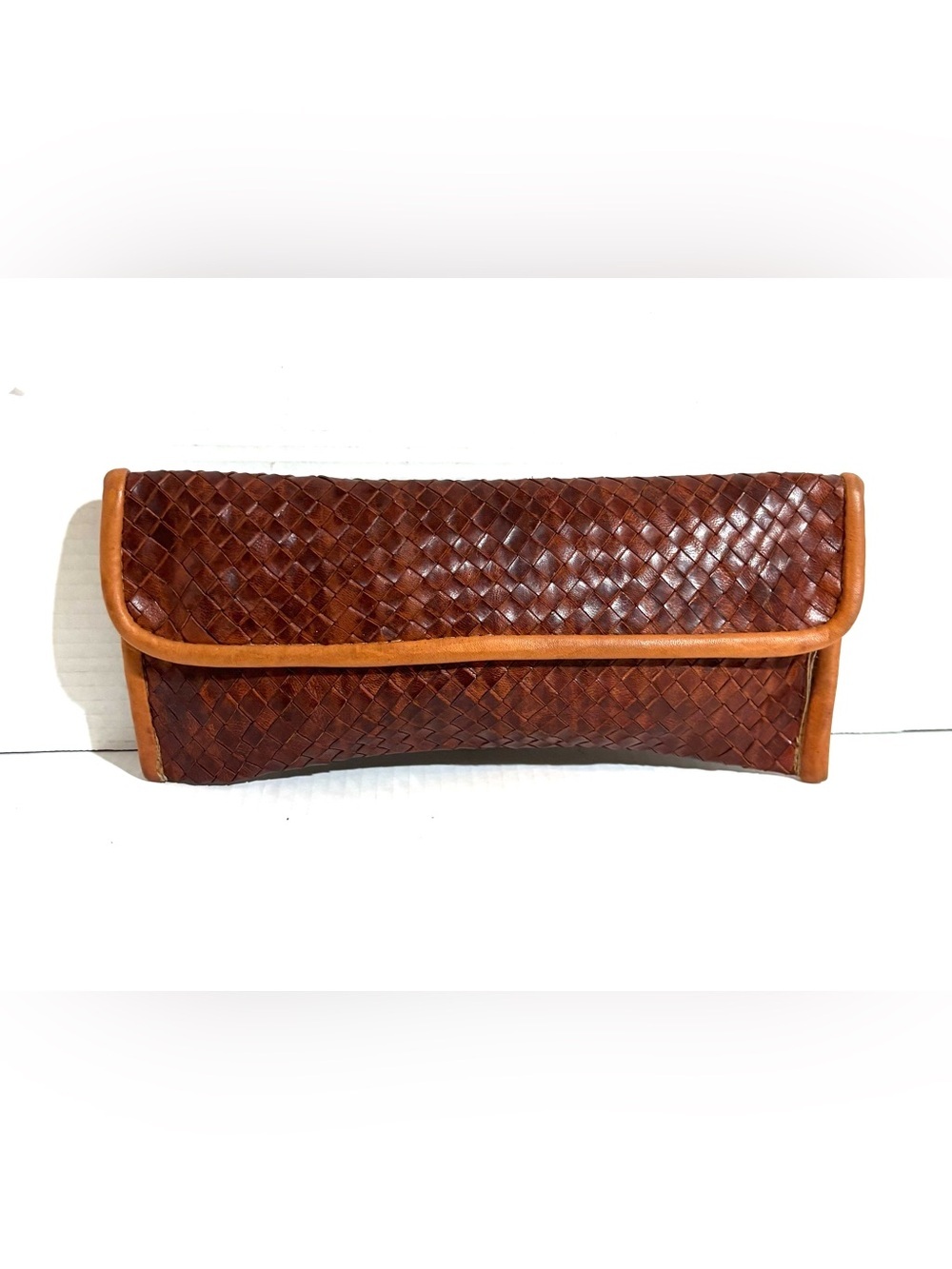 Vintage distressed Woven Leather Clutch in Rich Brown with Tan Trim
